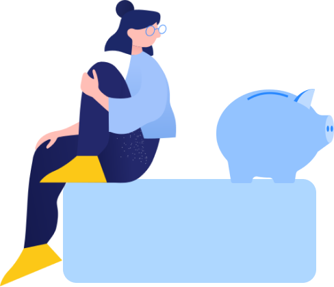 貯金箱を遠巻きに眺めている女性のイラスト