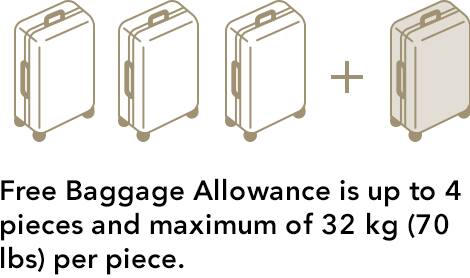 Free Baggage Allowance is up to 4 pieces and maximum of 32 kg (70 lbs) per piece
