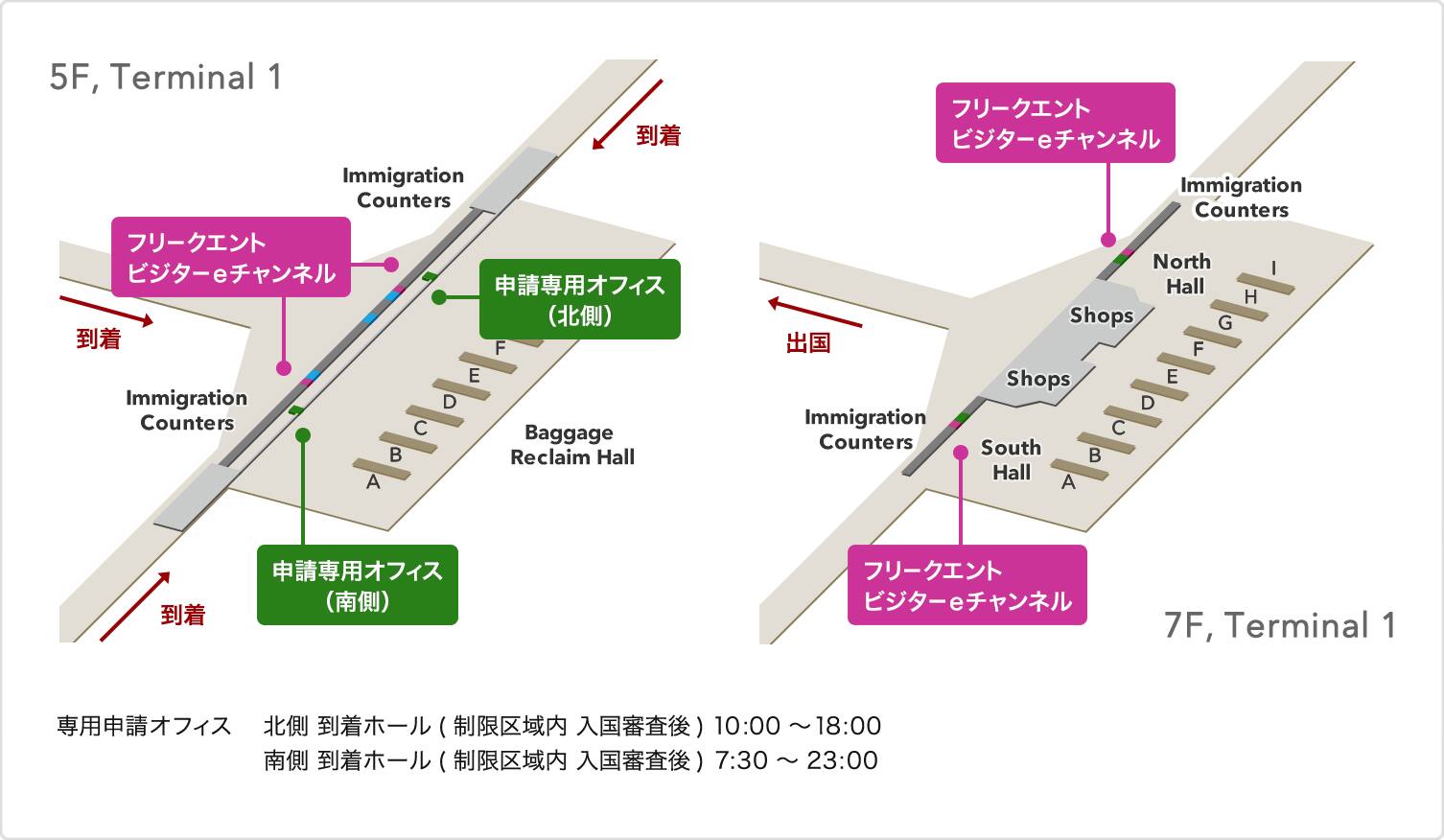 5F,Terminal 1、7F,Terminal 1 専用申請オフィス 北側到着ホール（制限区域内 入国審査後）10:00～18:00、南側到着ホール（制限区域内 入国審査後）7:30～23:00
