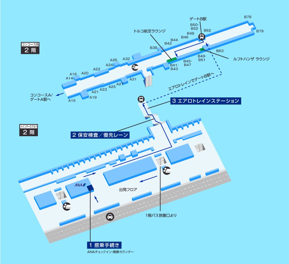 ワシントンD.C.空港の出発ターミナルマップ
