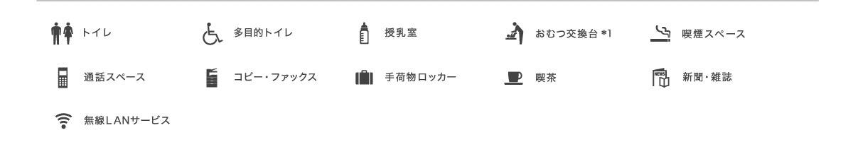 トイレ、多目的トイレ、授乳室、おむつ交換台*1、喫煙スペース、通話スペース、コピー・ファックス、手荷物ロッカー、喫茶、新聞・雑誌、無線LANサービス