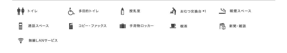トイレ、多目的トイレ、授乳室、おむつ交換台*1、喫煙スペース、通話スペース、コピー・ファックス、手荷物ロッカー、喫茶、新聞・雑誌、無線LANサービス