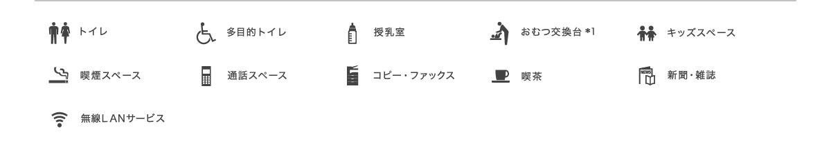 トイレ、多目的トイレ、授乳室、おむつ交換台*1、キッズスペース、喫煙スペース、通話スペース、コピー・ファックス、喫茶、新聞・雑誌、無線LANサービス