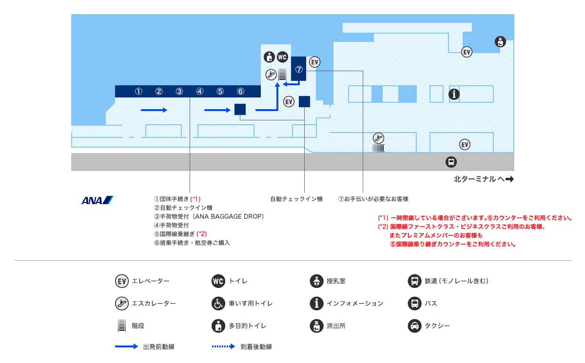 南ターミナル1階 チェックインロビーにあるANA国内線カウンター1番に「お手伝いが必要なお客様専用カウンター」がございます。