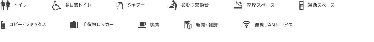 トイレ、多目的トイレ、シャワー、おむつ交換台、喫煙スペース、通話スペース、コピー・ファックス、手荷物ロッカー、喫茶、新聞・雑誌、無線LANサービス