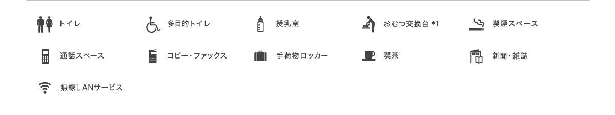 トイレ、多目的トイレ、授乳室、おむつ交換台*1、喫煙スペース、通話スペース、コピー・ファックス、手荷物ロッカー、喫茶、新聞・雑誌、無線LANサービス