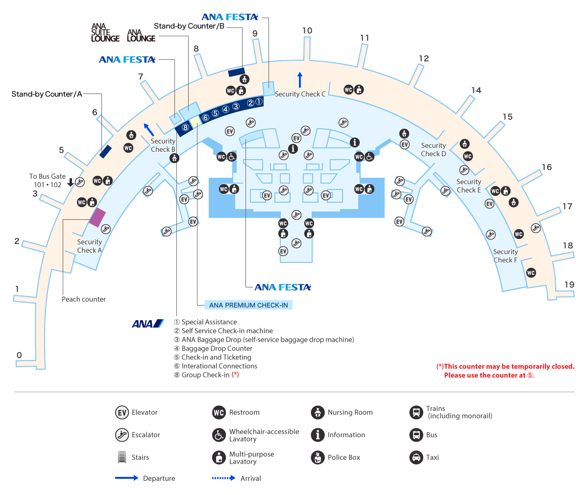A special assistance counter is located in the 2nd floor departure lobby at counter 1 for ANA Japan domestic flights. This can be found between departure gates B and C.
