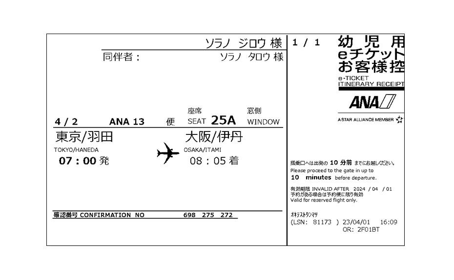 e-ticket itinerary/receipt for infants