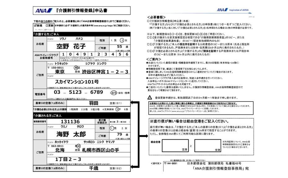 Image of example ANA Caregiver's Fare Registration Form