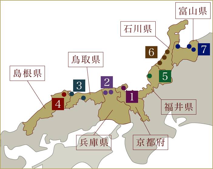 関西・山陰・北陸かにと温泉プランのエリア地図