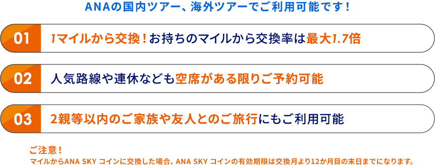 おトクポイント01 1マイルから交換！お持ちのマイルから交換率は最大1.7倍 おトクポイント02 人気路線や連休なども空席がある限りご予約可能 おトクポイント03 2親等以内のご家族や友人とのご旅行にもご利用可能 ご注意！マイルからANA SKY コインに交換した場合、ANA SKY コインの有効期限は交換月より12か月目の末日までになります。
