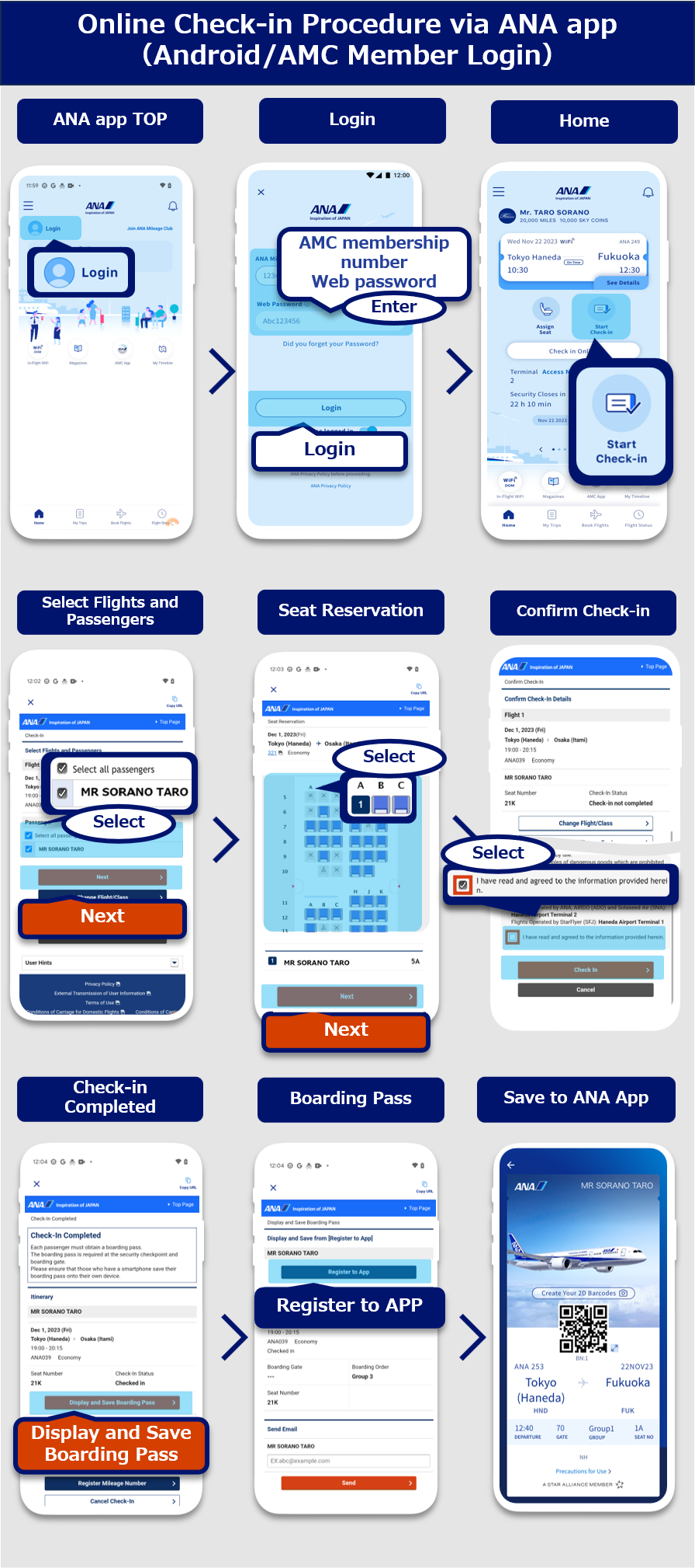 ANA App Online Check-in Procedures (Android / AMC Member Login): On the top page of the ANA app, tap the Login button.On the member login screen, enter your customer number (10 digits) and web password, and tap the Login button. On the Home screen, tap start check in. On the check-in selection screen, select the flight and passenger to check in and tap the Next button. On the seat reservation screen, select your desired seat and tap the Next button. On the check-in details confirmation screen, confirm the check-in details, select details confirmed and tap the Next button. On the check-in completion screen, tap the Boarding Pass button. Select the Register on App button on the boarding pass issue screen. Save the ANA app.