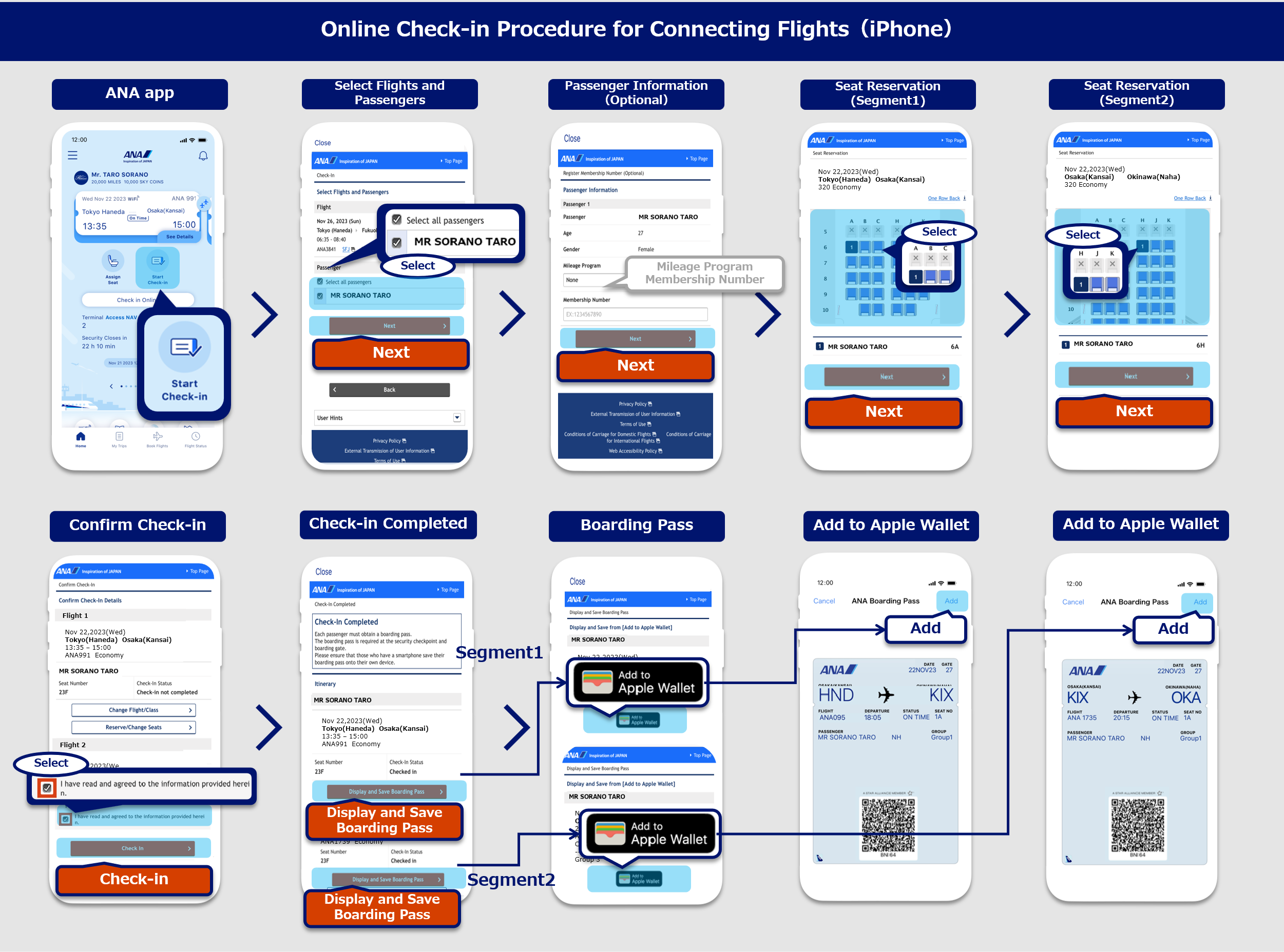Connection itinerary online check-in (iOS):On the ANA app Home screen, select start online check in. On the check-in selection screen, confirm the flight for check-in, select the passenger and tap the Next button.On the customer information entry screen (optional), enter your mileage program and customer number (optional) and tap the Next button. On the seat reservation screen, select a seat for the first sector and tap the Next button.On the seat reservation screen, select a seat for the second sector and tap the Next button.On the check-in details confirmation screen, confirm the check-in details, select details confirmed and tap the Next button.Tap the Boarding Pass button for each flight displayed on the check-in completion screen.On the boarding pass issue screen, select the Add to Apple Wallet button.On the Apple Wallet screen, select the Add button.