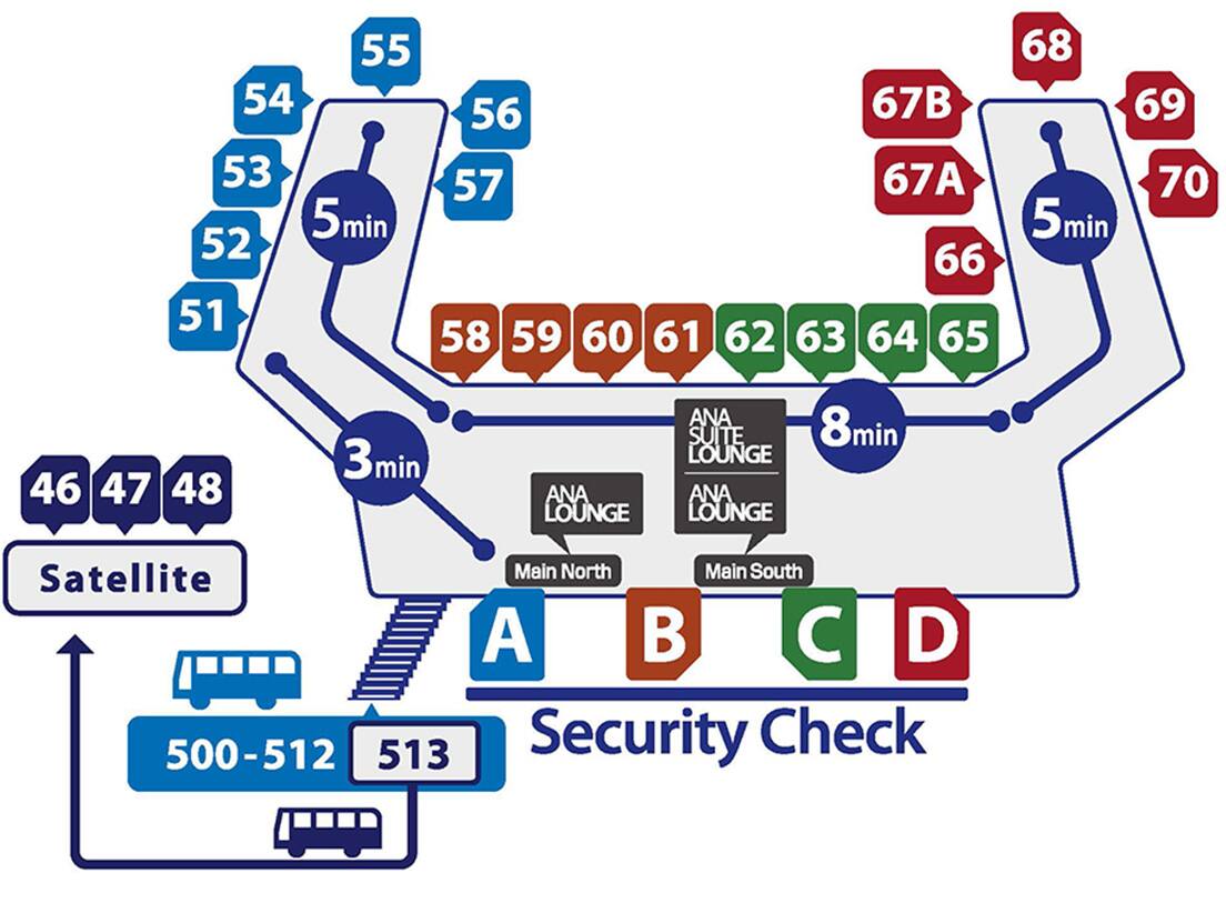 ANA SUITE LOUNGE is located on the 4th floor of Main Building South, ANA LOUNGE (Main South) is located on the 3rd floor of Main Building South by gate 62 in Terminal 2.ANA LOUNGE (Main North) is located in front of gate 60.The time required to transfer between boarding gates is 5 minutes from gate 55 to gate 58, 8 minutes from gate 58 to gate 65, and 5 minutes from gate 65 to gate 68.From security checkpoint A to boarding gate 51 takes 3 minutes.
