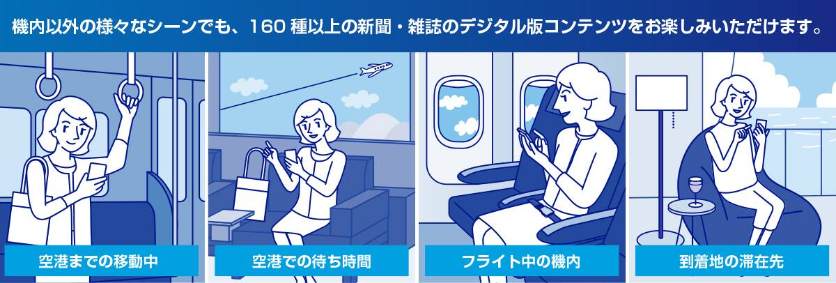 機内以外の様々なシーンでも、160種以上の新聞・雑誌のデジタル版コンテンツをお楽しみいただけます。 空港までの移動中 空港での待ち時間 フライト中の機内 到着地の滞在先