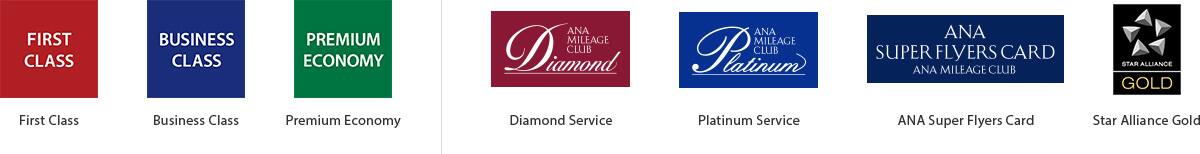 First Class, Business Class, Premium Economy, Diamond Service, Platinum Service, ANA Super Flyers Card, Star Alliance Gold