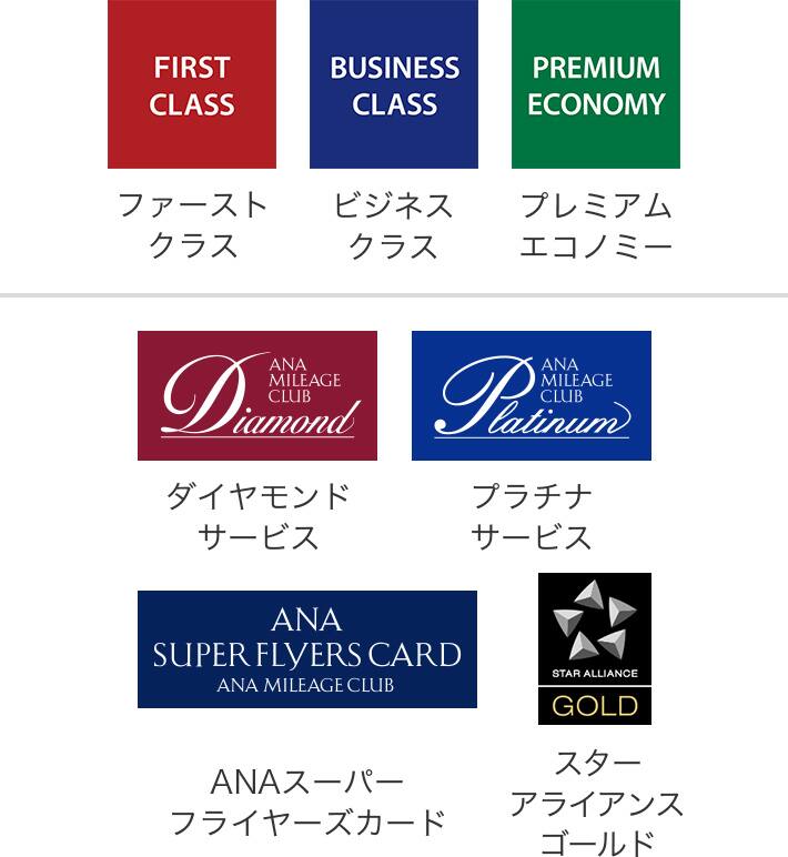 ファーストクラス、ビジネスクラス、プレミアムエコノミー、ダイヤモンドサービス、プラチナサービス、ANAスーパーフライヤーズカード、スター アライアンスゴールド