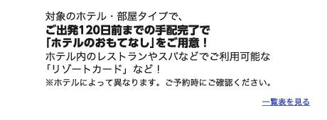 対象のホテル・部屋タイプで、ご出発120日前までの手配完了で｢ホテルのおもてなし｣をご用意！