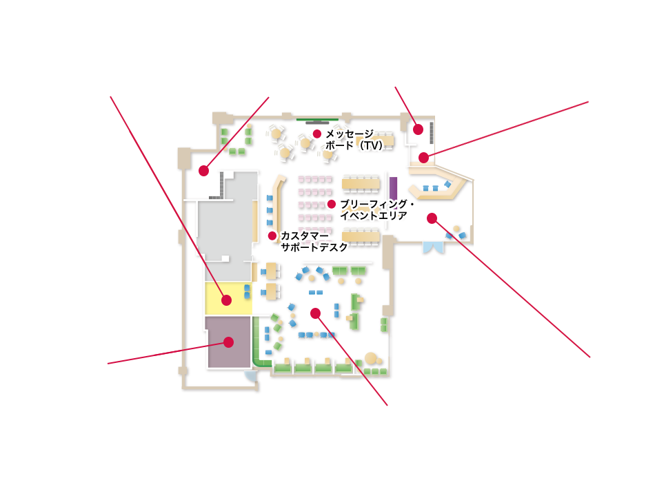 マハロラウンジ見取図です。設備の場所やサービス等につきましては、現地受付にてお問い合わせください。