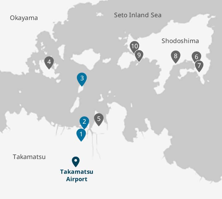 Shodoshima, Teshima, Naoshima, Ogijima, Ogijima, etc. are located in the Seto Inland Sea between Kagawa and Okayama prefectures.