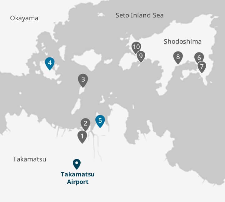Shodoshima, Teshima, Naoshima, Ogijima, Ogijima, etc. are located in the Seto Inland Sea between Kagawa and Okayama prefectures.