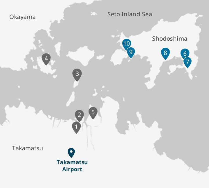 Shodoshima, Teshima, Naoshima, Ogijima, Ogijima, etc. are located in the Seto Inland Sea between Kagawa and Okayama prefectures.