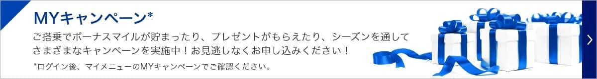 MYキャンペーン* ご搭乗でボーナスマイルが貯まったり、プレゼントがもらえたり、シーズンを通してさまざまなキャンペーンを実施中！お見逃しなくお申し込みください！*ログイン後、Myキャンペーン画面でご確認ください。