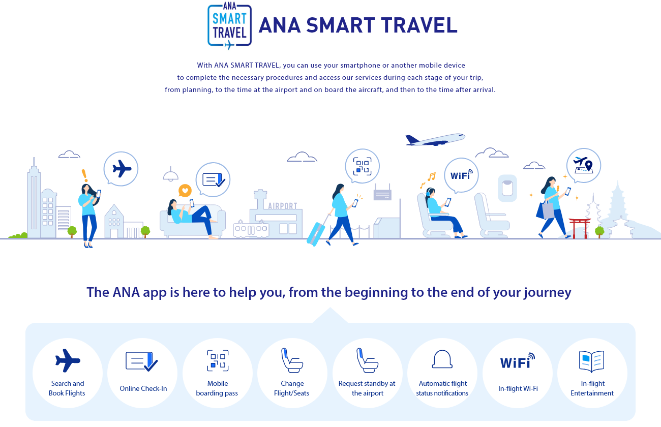 ANA SMART TRAVEL From planning, to the time at the airport and on board the aircraft, and then to the time after arrival. You can use your smartphone or another mobile device to help you during each stage of your trip. The ANA app is here to help you, from the beginning to the end of your journey.