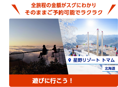 全旅程の金額がスグにわかりそのままご予約可能でラクラク。北海道、星野リゾートトマムへ遊びに行こう！
