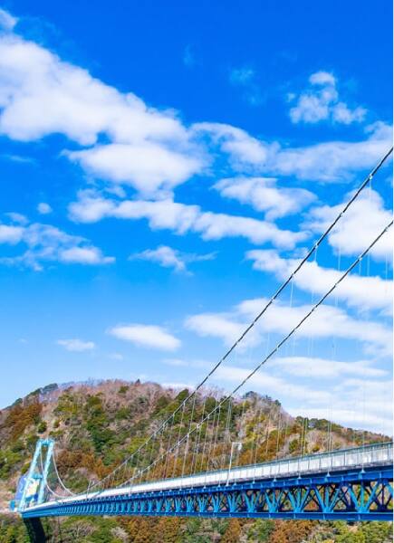 青い巨大吊り橋を歩く