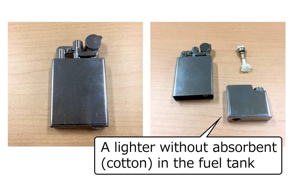 A lighter without absorbent(cotton) in the fuel tank
