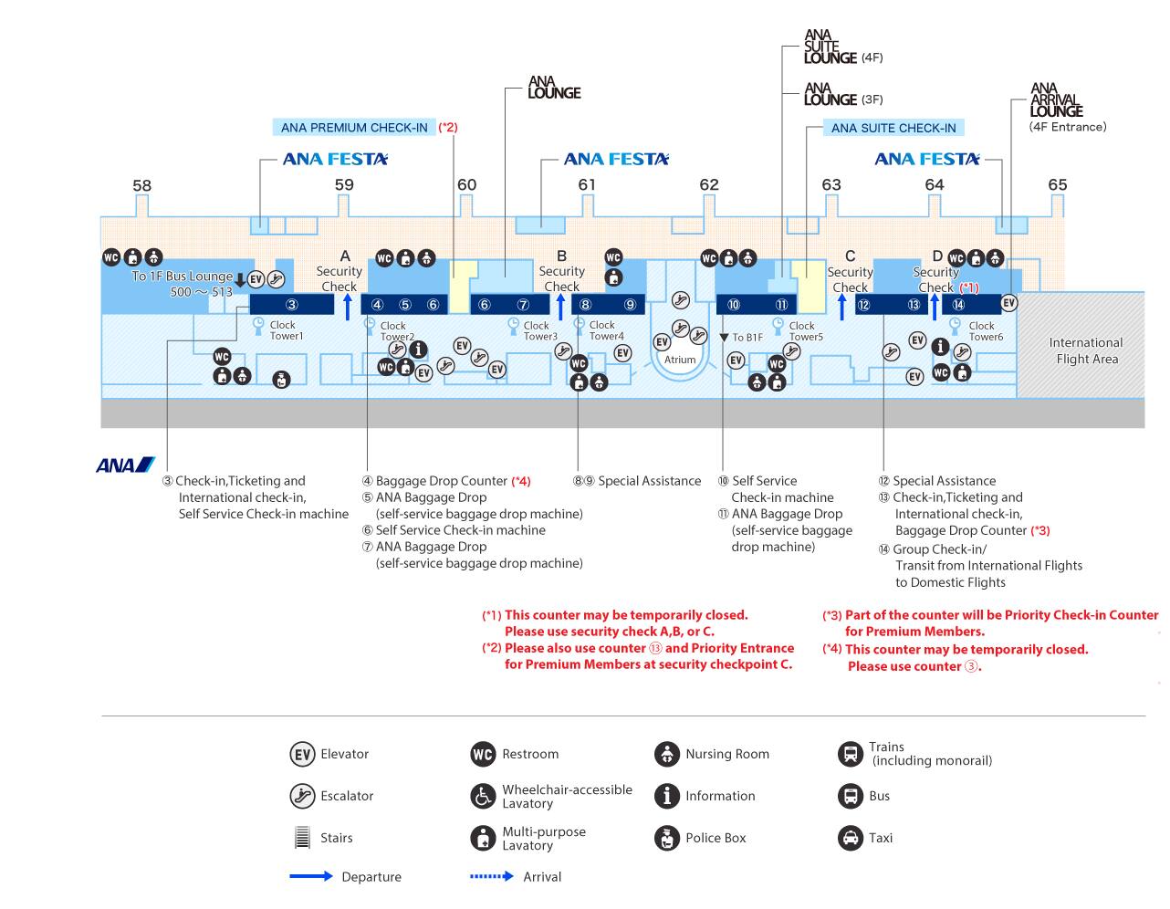 Special assistance counters are located on the 2nd floor (departures floor) of Terminal 2 on the right of Security Check B in front of Clock Tower 4 and on the right of Security Check C.