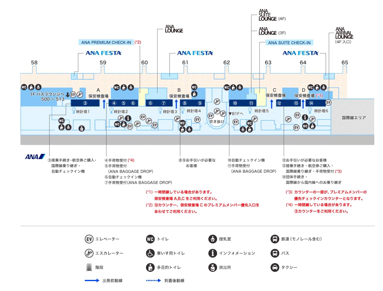 第2ターミナル 2階 出発フロアにある保安検査場B右側・時計塔4番前と保安検査場C右側に「お手伝いが必要なお客様専用カウンター」がございます。