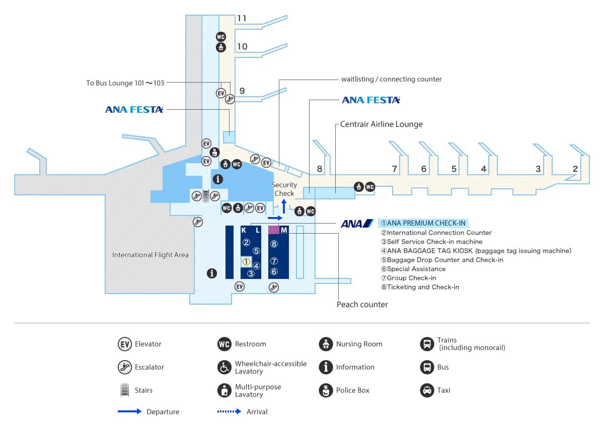 A special assistance counter is located in the 3rd floor departure lobby at counter M6 for ANA Japan domestic flights.