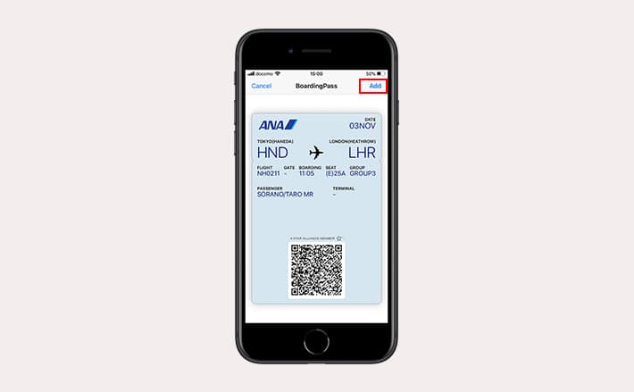 「Apple Wallet」内のANA搭乗券