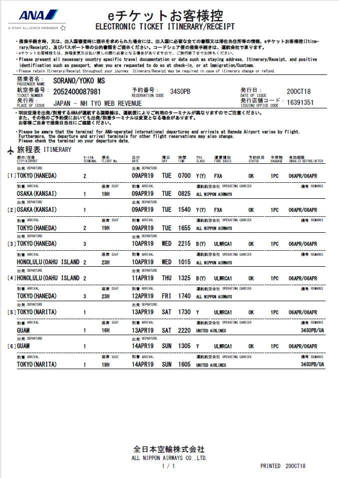 eチケット旅程お客様控の例