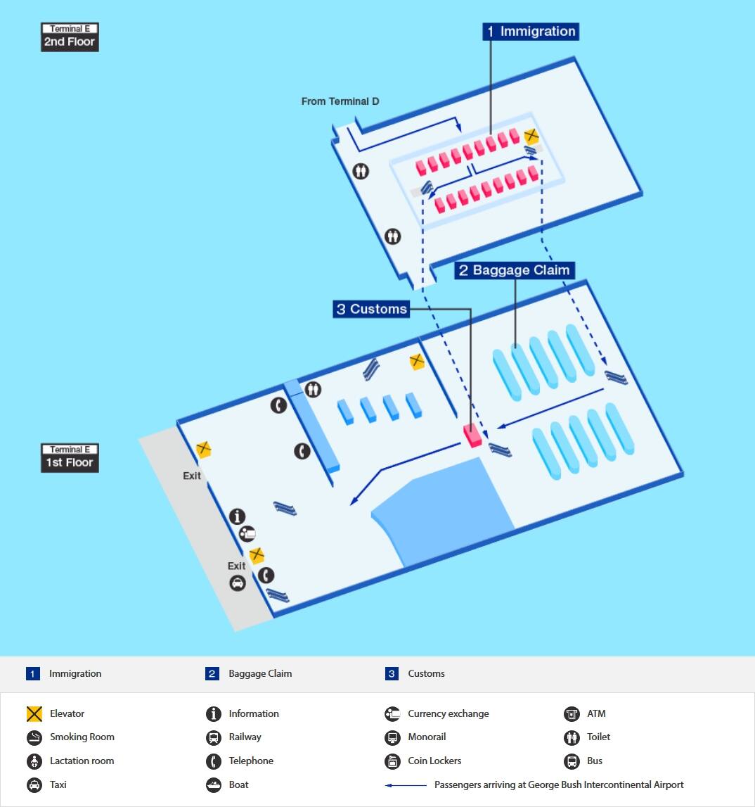 ヒューストン空港の到着ターミナルマップ
