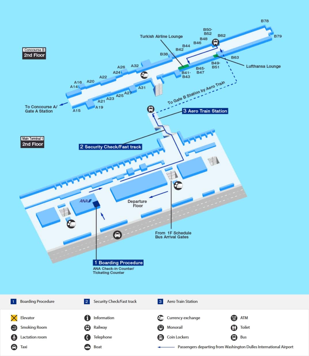 ワシントンD.C.空港の出発ターミナルマップ